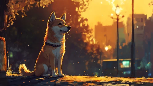 Golden-hour city sentinel dog basking in embered dusk glow.