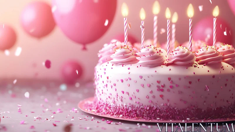 Pink Celebration Cake with Lit Candles and Balloons