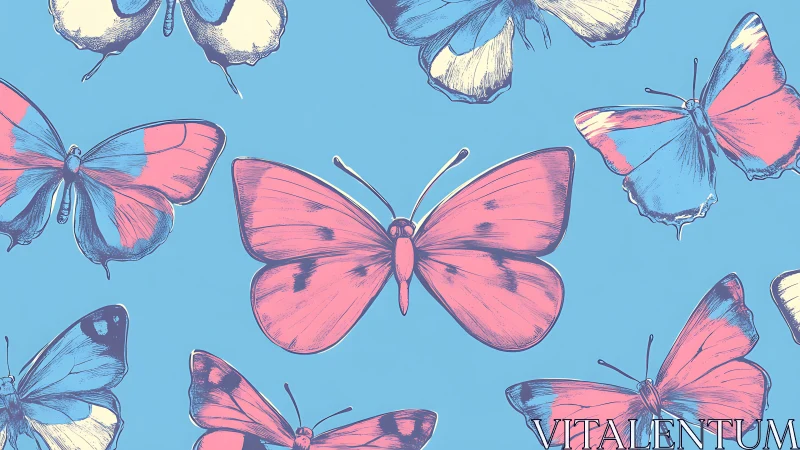 Vector butterflies in coral and cyan on powder blue ground.