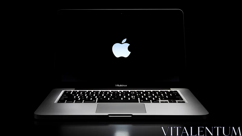 Backlit laptop in low key lighting emphasizes minimalist icon