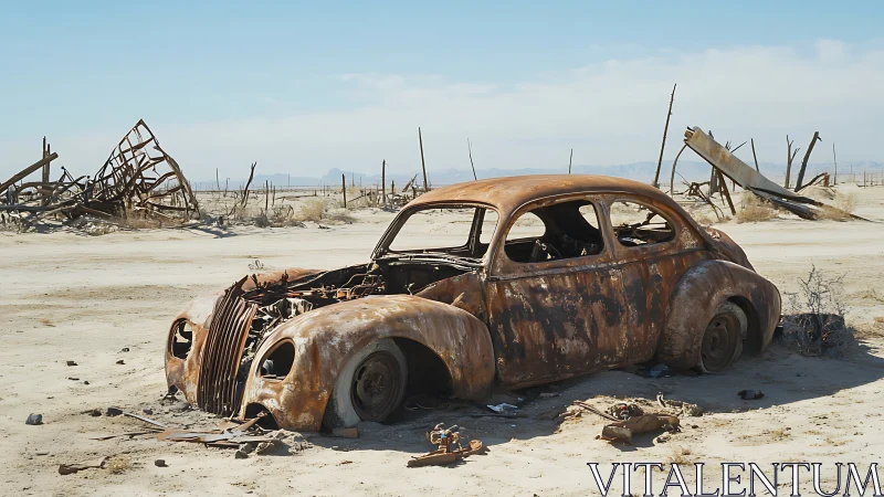 Rusted car shell decays in barren desert wasteland.