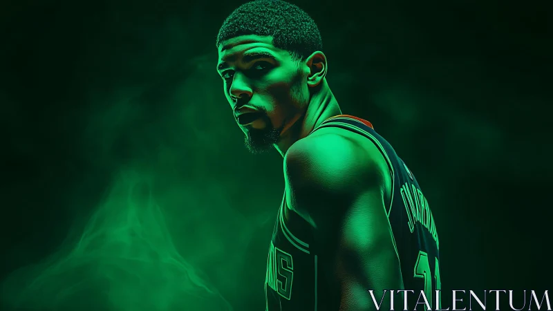 Basketball star portrait under dramatic neon green light.