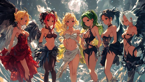 Moonlit winged girls gathered in a glowing celestial circle.