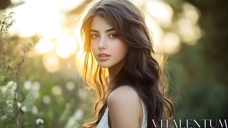 Young woman in soft sunset light with flowing dark hair.