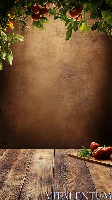 Rustic wooden tabletop with vine tomatoes and warm bokeh wall.