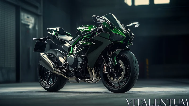 Photorealistic supersport motorcycle in dramatic low-key studio light.