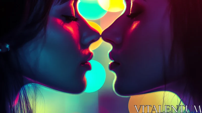 Symmetrical female profiles under vivid neon colored lighting.