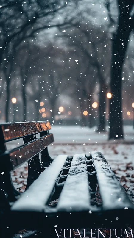 Snow-covered park bench anchors shallow-depth winter scene
