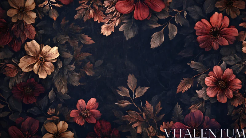 Dark floral border with muted red and beige blossoms.