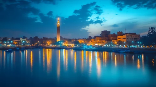 Golden waterfront lights glow gently against deep blue dusk