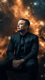 Formal suited man before nebula-rich deep space backdrop