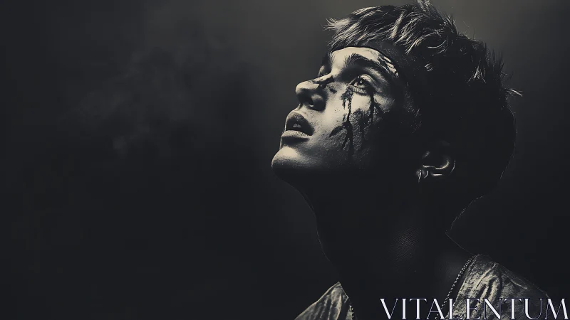 Wounded young man gazes upward in haunting monochrome silence