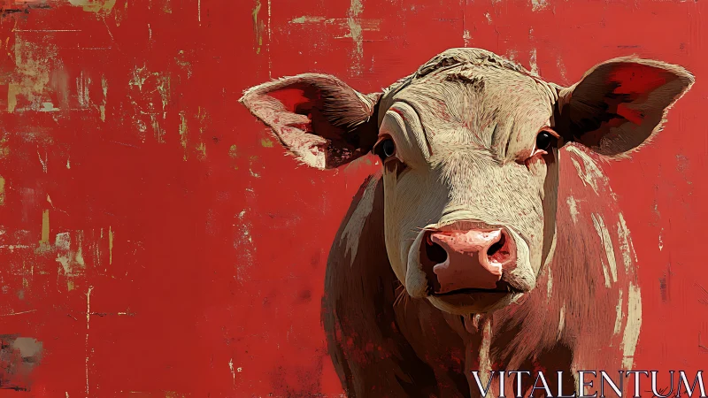 Bovine portrait against distressed red abstract field.