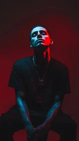 Moody portrait glows with bold red and blue studio light