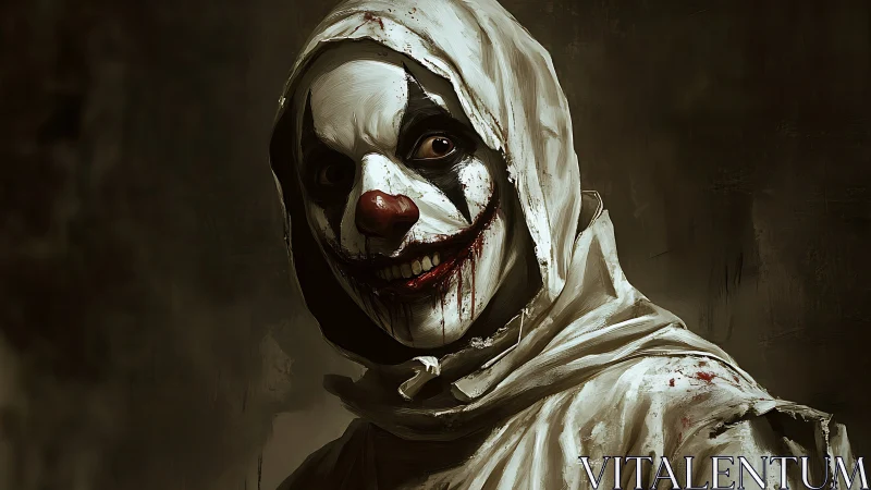 Grinning bloodstained clown lurks in tattered white shroud.