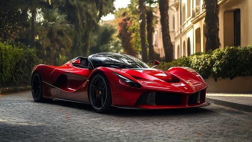 Red convertible sports car on cobblestone city street.