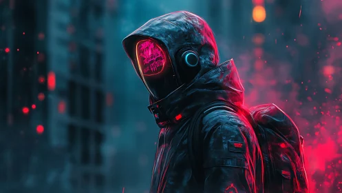 Hooded figure in neon-lit urban environment stands in profile