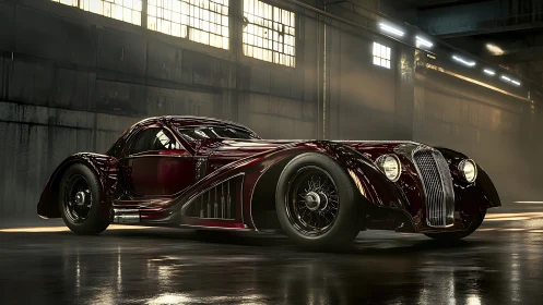 Photorealistic neo-retro coupe in cinematic warehouse lighting.