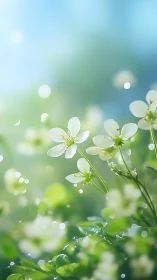 White flowers with dew drops in soft-focus garden.