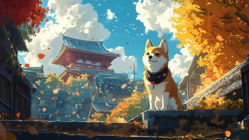 Corgi guards autumn temple street under vivid blue sky.