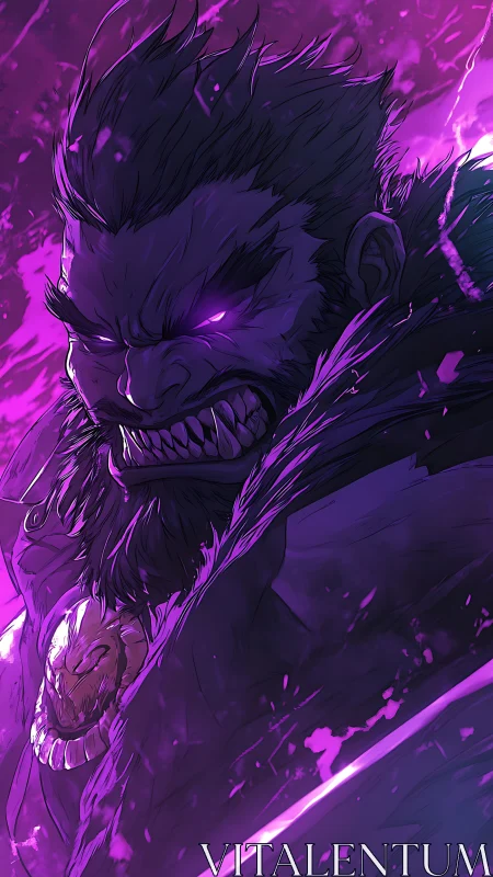 Dark bearded warrior with glowing violet eyes and snarl.