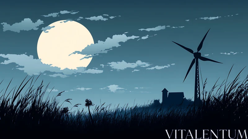 Moonlit meadow calm with quiet windmill silhouettes.