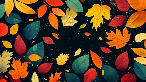 Colorful autumn leaves drift over deep black background