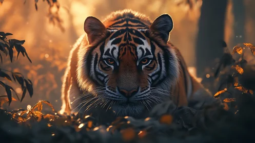 Crouching tiger in warm backlit forest, high-detail render