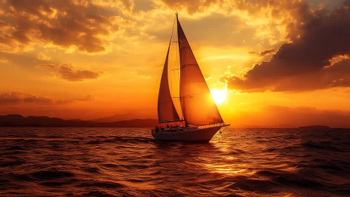 Sunlit yacht slices through glowing waves at golden sunset