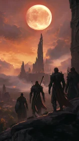Moon-blood sky over citadel spires and armored wanderers.