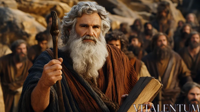 Bearded elder holds staff and book before gathered followers