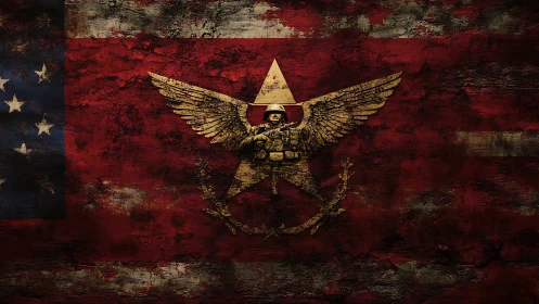 Weathered winged soldier emblem on a bold red banner.
