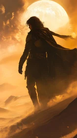 Cloaked wanderer descending irradiated dunes at stellar dusk.