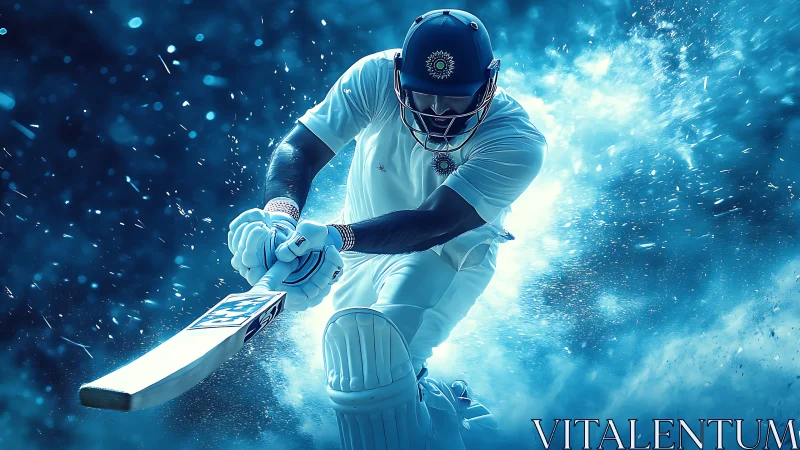 Cricket striker carves light through a storm of electric blue.