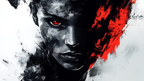 Female face emerges from abstract black and red strokes