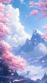 Dreamlike cherry blossoms over misty mountain pass.