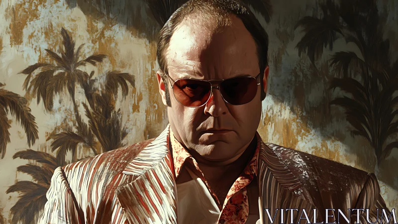 Middle-aged man in patterned suit stands against palm backdrop