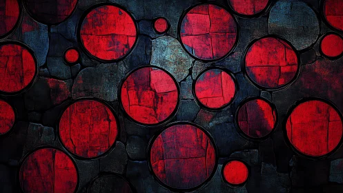 Abstract red circles on textured dark background, modern digital art.