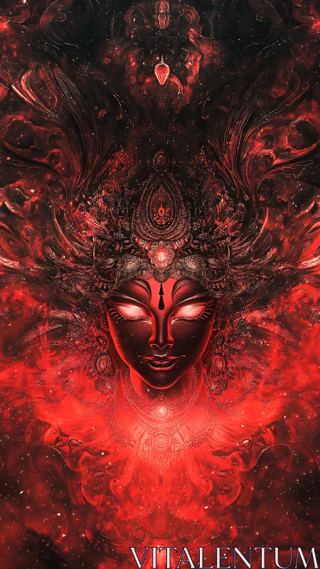 Molten red goddess portrait radiates divine cosmic power