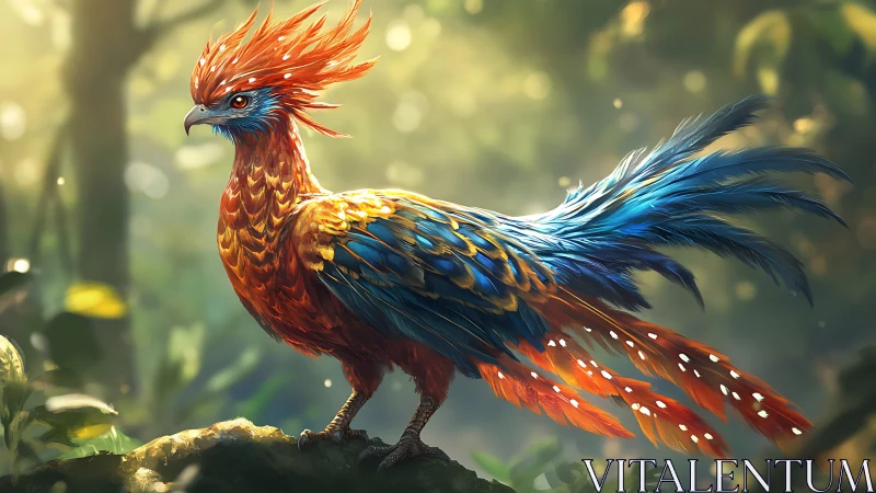 Vibrant Fantasy Bird with Blue and Orange Plumage in Lush Forest.