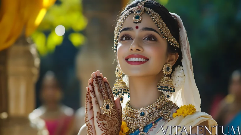 Smiling woman in ornate South Indian bridal jewelry, daylight