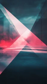 Geometric pink light beams intersect over reflective water surface