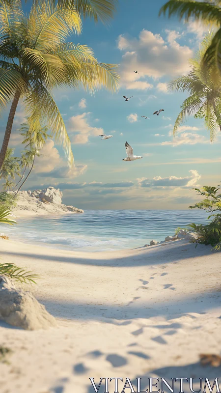 Palmed Paradise: Seabirds Dance Above Untouched Shores.