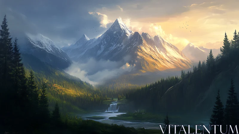 Mountain landscape shows layered peaks, forest, river and falls