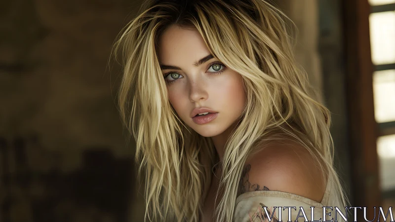 Woman with blonde hair looks directly into the camera indoors