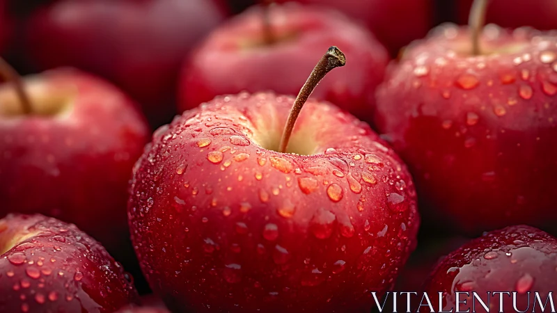 Juicy red apples glistening with fresh morning droplets.