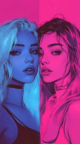 Neon twin muses split by electric cyan and magenta glow.