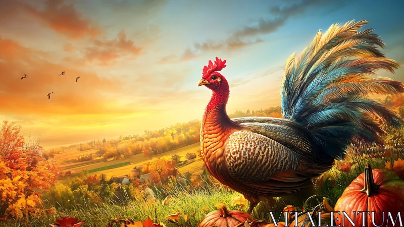 Rooster in Rural Autumn Landscape Setting