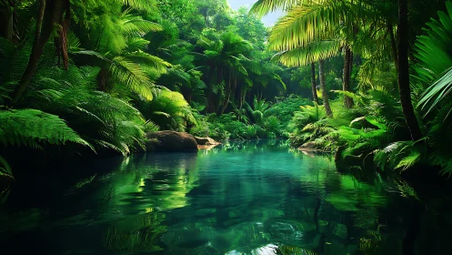 Dense tropical river corridor under uniform green canopy.