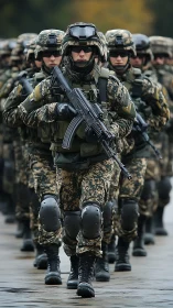 Armored infantry column advances in steely urban formation.